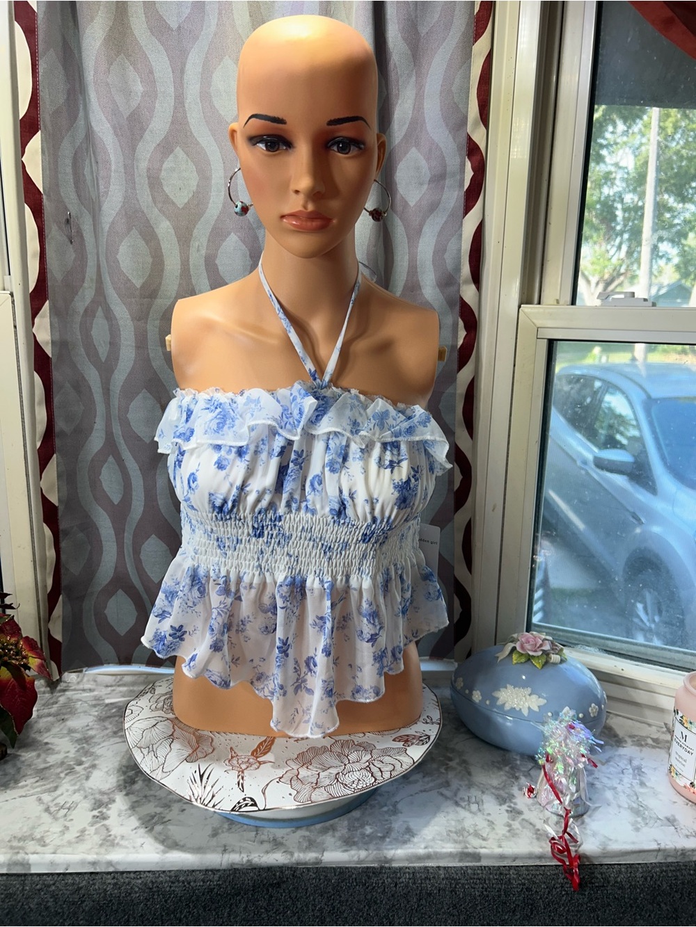 Blue Floral Smocked Halter Women's Top